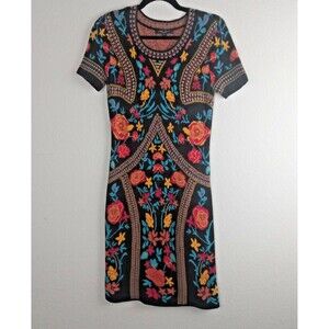 Romeo Juliet Couture Sweater Dress Sz Small Midi Black Colorful Art Floral Print